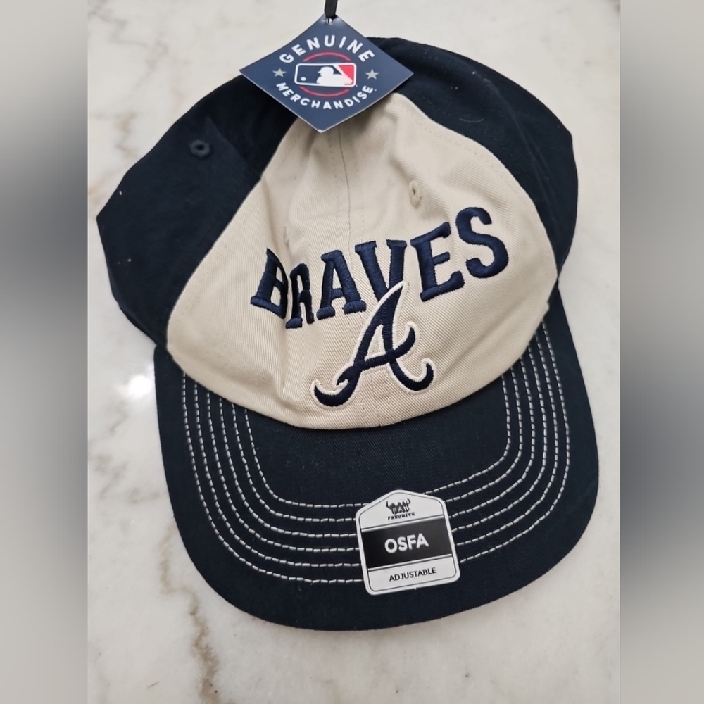 Fan Favorite Atlanta Braves Tan Beige Blue Genuine Cap Hat Strap Back